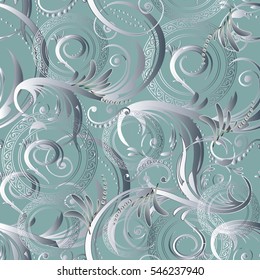  Seamless pattern. Floral 3d wallpaper with white decorative antique flowers leaves and flowery swirl ornaments. Light ornate background.Flourish vector illustration. Elegance fabric. Endless texture.