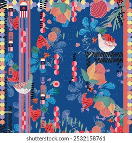 seamless pattern floral and animal pattern design. For scandinavian, retro, vintage and vector Seamless design.