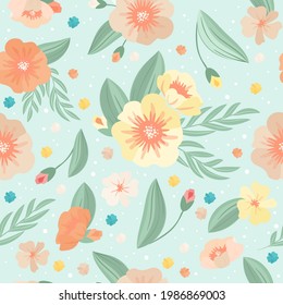 Nahtlose Muster floraler Hintergrund mit wunderschönen, mehrfarbigen Blumen und Blätterrahmen. Frühlingsbotanische flache Vektorgrafik auf blauem Hintergrund.