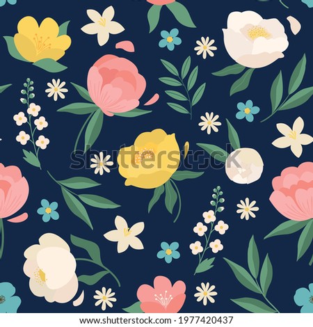  Seamless pattern floral backdrop decorated with gorgeous multicolored blooming flowers and leaves border. Spring botanical flat vector illustration on dark background.
