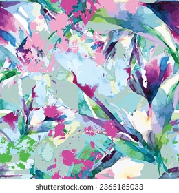 Seamless pattern of floral background with colorful watercolor flowers - 4000x4000px