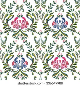 Seamless pattern with floral background.  Ethnic flower ornament.  Petrykivka art. Ukrainian folk art.