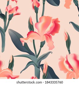 Seamless pattern floral background. Irises leaves, bloom vector repetiotoin texture. Interior wallpaper graphics. Modern botanical illustration . floral pattern 