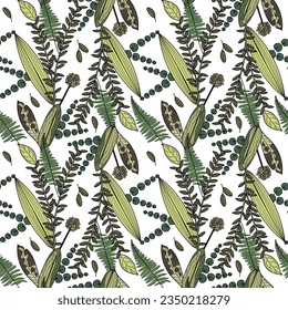 Seamless pattern with floral background. Leaves, plants, nature, greenery, fashion, fabric, design, doodle.