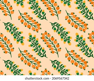 Seamless pattern floral background.Botanical plant repeat motif.Beautiful berry branch ornament.Vector illustration.