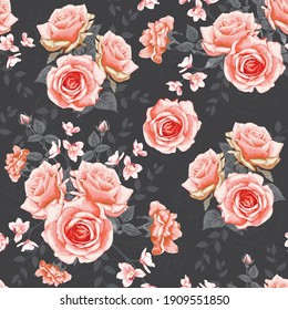 Seamless pattern floral beautiful pink pastel Rose and Orchid flowers vintage abstract background.Vector illustration hand drawing dry watercolor.for fabric textile design or Product packaging