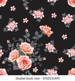 Seamless pattern floral beautiful pink pastel Rose and Orchid flowers vintage abstract background.Vector illustration hand drawing dry watercolor.for fabric textile design or Product packaging