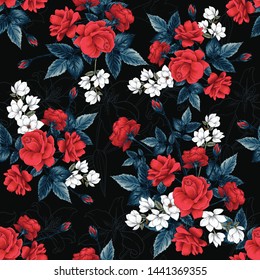 Seamless pattern floral beautiful red Rose, white Magnolia and Lilly flowers on black background.Vector illustration hand drawing line art.