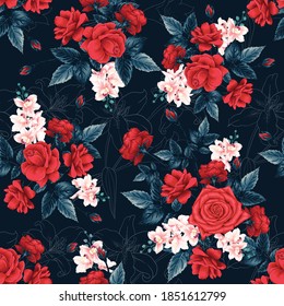 Seamless pattern floral beautiful red Rose, pink orchid and Lilly flowers abstract background.Vector illustration hand drawing line art.