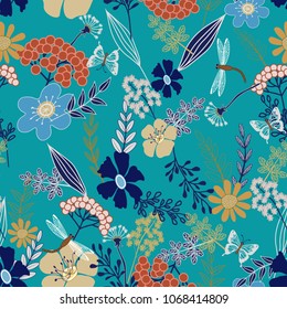 seamless pattern in floral with berries, dragonfly, butterfly on blue background. design for wrapping paper