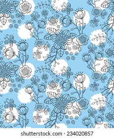 Seamless Pattern Floral Black &White & Blue Circle