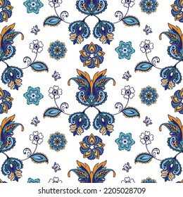 seamless pattern , floral pattern ,blue orange green flowers , vector watercolor 