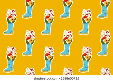 A seamless pattern of floral boots on a yellow background. A bright and cheerful design for seasonal projects, fabrics, and digital use.