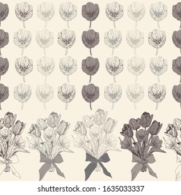 Seamless pattern of floral border and single flowers. A border of bouquets of tulips and individual flowers in a vintage style. Botanical pattern in pastel beige colors.