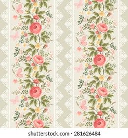 seamless pattern with floral borders lace and butterflies