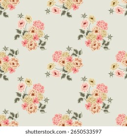 A seamless pattern of floral bouquets. The bouquets are composed of various flowers, primarily roses in shades of light peach, pale yellow, and delicate pink. There are also smaller, textured flowers.