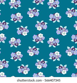 Seamless pattern of floral bouquets in shades of purple and violet on teal background. Vector floral design for dressmaking fabric prints, bedding textile & gift wrap.