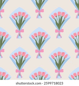 Seamless pattern with floral bouquets. Vector flat illustration of pink tulips wrapping in paper. Spring botanical background