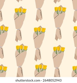 Padrão perfeito com buquês floral. Vetor fundo plano com tulipas amarelas flores envoltas em papel kraft. Papel de parede para aniversário, dia dos namorados, dia das mulheres, feriados do dia das mães