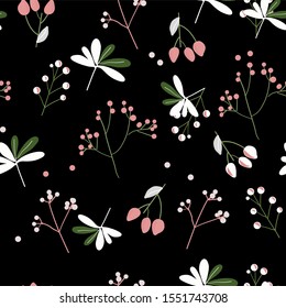 seamless pattern floral and branch on black background