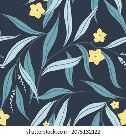 Seamless Pattern With Floral Branches. Composition Of Twigs With Small Yellow Flowers And Blue Leaves On A Dark Background. Floral Pattern In Vector.