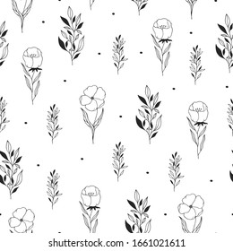 Seamless pattern with floral branches and flowers. Foliage texture for wedding. Vector isolated spring herb background for textile.