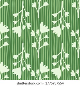 Seamless pattern floral branches. Light grey botanic elements on lined green background. Great for wrapping paper, textile, fabric print and wallpaper. Vector illustration.