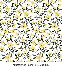 Seamless pattern with floral branches, small flowers and leaves on a white background. Vintage floral print, elegant botanical background with hand drawn plants. Vector illustration.