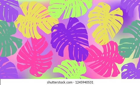 seamless pattern floral bright summer neon trend colors 2019, bright background, with exotic leaves of the palm monstera, Botanical seamless pattern, monstera seamless pattern