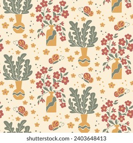 Patrón sin inconvenientes con los racimos florales en jarrones sobre fondo claro. Flores abstractas planas dibujadas a mano, hojas en jarrones. Diseño de impresión retro a la moda para textiles, papel pintado, interiores, papel envolvente