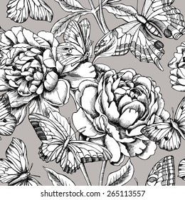 Seamless Pattern Floral with Butterflies Black & White & Gray