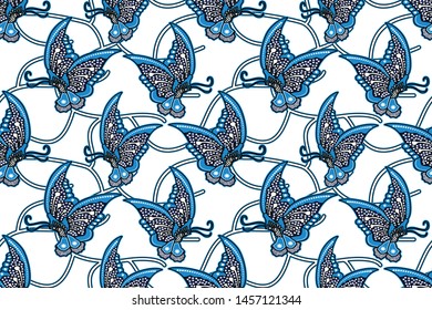 Seamless pattern with floral and butterfly Illustration, Indonesian batik motif vector.