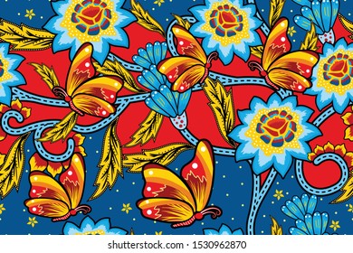 Seamless pattern with floral and butterfly Illustration, Indonesian batik motif vector.
