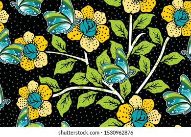 Seamless pattern with floral and butterfly Illustration, Indonesian batik motif vector.