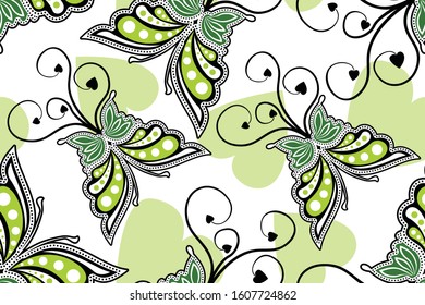 Seamless pattern with floral and butterfly Illustration, Indonesian batik motif vector.