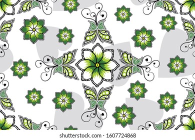 Seamless pattern with floral and butterfly Illustration, Indonesian batik motif vector.