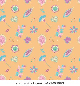 Seamless pattern with floral in cartoon style. Orange background. Perfect for clothing design. Home textiles, wallpaper, fabric print, scrapbook elements, cover design and wrapping paper design.