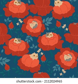 Seamless pattern with floral cats. Vector graphics.