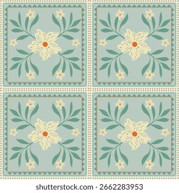 Patrón sin fisuras con azulejos de cerámica floral. con flores y hojas dibujadas a mano. Ilustración vectorial para decoración de cocinas o baños. · Azulejos florales decorativos en un estilo de arte popular. borde geométrico.