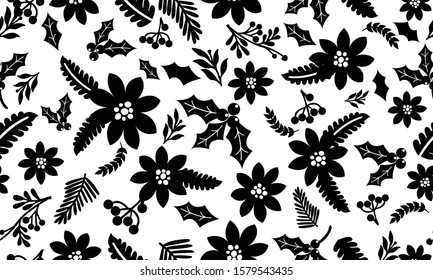 Seamless pattern floral christmas, black flower on white background.