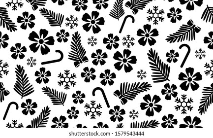 Seamless pattern floral christmas, black flower on white background.
