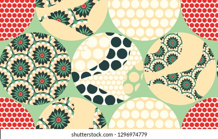 seamless pattern with floral circles and dots in green red shades