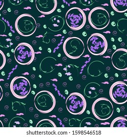 Seamless pattern with floral, circles, flowers, strokes, geometric elements. Motifs scattered random. Seamless texture on a dark red background for textiles, fabrics, print, gift wrapping. Vector
