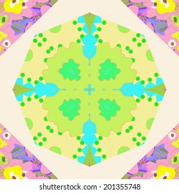 Seamless pattern from floral  circular ornament in green tones and floral motifs.