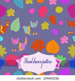 Seamless pattern of floral colored motif, cats on a background, label. Hand drawn.