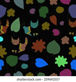 Seamless pattern of floral colored motif, cats on a background. hand drawn.