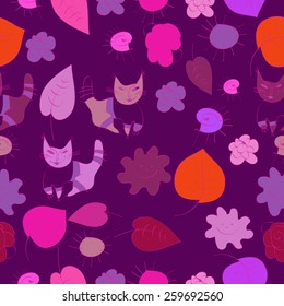 Seamless pattern of floral colored motif, cats on a background. hand drawn.