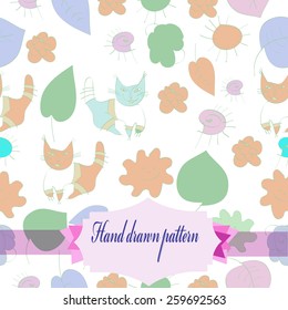 Seamless pattern of floral colored motif, cats on a background, label. Hand drawn.