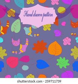 Seamless pattern of floral colored motif, cats on a background, label. Hand drawn.