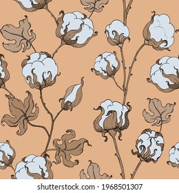 patrón sin fisuras floral. flores de algodón en fondo beige.ilustración de mano.vector.